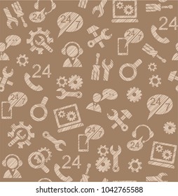 Repair and maintenance of computers and home appliances. Colored background. Hatching with a brown pencil on a brown field. Imitation. 
