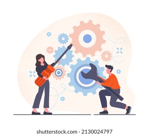 Repair and maintenance concept. Man and woman with screwdriver and wrench repairing broken business mechanism. Funny entrepreneurs setting up company promotion system. Cartoon flat vector illustration