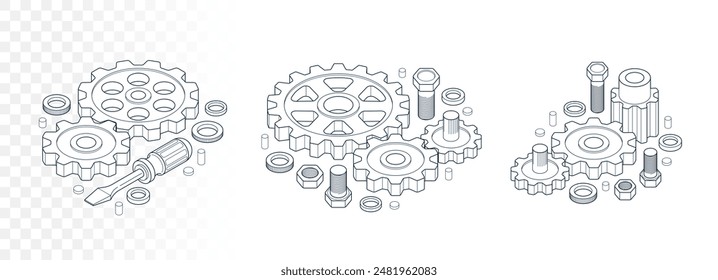 Conjunto de conceptos de reparación y mantenimiento, servicio técnico, engranajes y herramientas en Ilustración vectorial de proyección isométrica 3D, taller técnico mecánico.