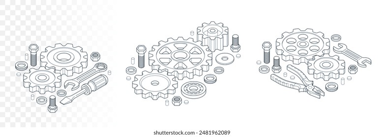 Repair and maintenance concept set, technics service, gears and tools in 3D isometric projection vector illustration, technical mechanical workshop.