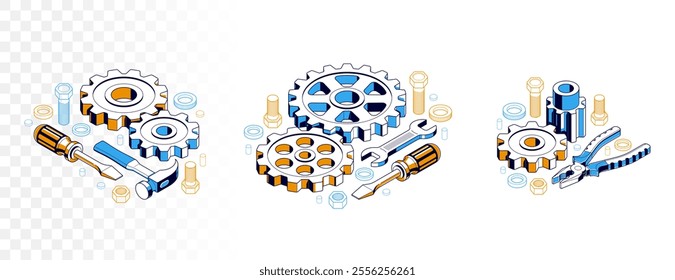 Repair and maintenance concept set, technics service, gears and tools in 3D isometric projection vector illustration, technical mechanical workshop.