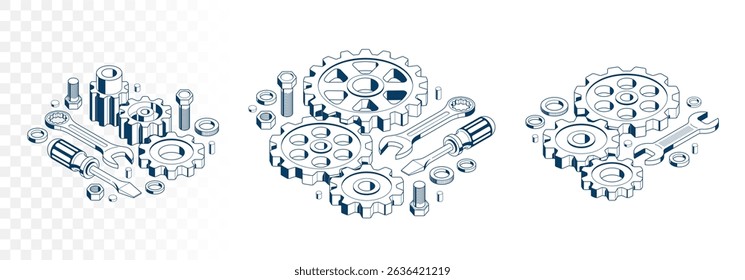 Repair and maintenance concept set, technics service, gears and tools in 3D isometric projection vector illustration, technical mechanical workshop.
