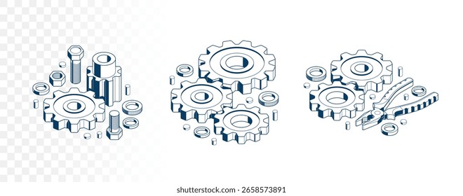 Repair and maintenance concept set, technics service, gears and tools in 3D isometric projection vector illustration, technical mechanical workshop.