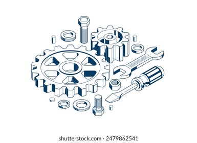 Repair and maintenance concept, technics service, gears and tools in 3D isometric projection vector illustration, technical mechanical workshop.