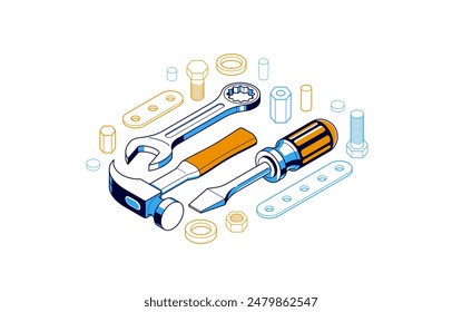 Repair and maintenance concept, technics service, gears and tools in 3D isometric projection vector illustration, technical mechanical workshop.