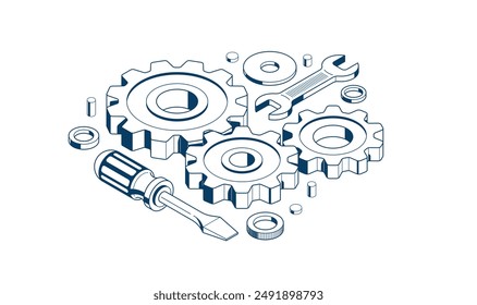 Repair and maintenance concept, technics service, gears and tools in 3D isometric projection vector illustration, technical mechanical workshop.