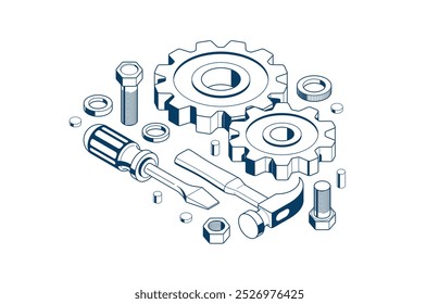 Repair and maintenance concept, technics service, gears and tools in 3D isometric projection vector illustration, technical mechanical workshop.