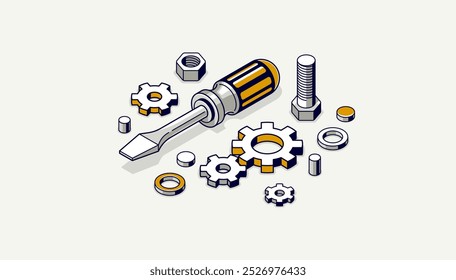 Repair and maintenance concept, technics service, gears and tools in 3D isometric projection vector illustration, technical mechanical workshop.