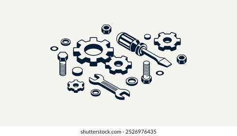 Repair and maintenance concept, technics service, gears and tools in 3D isometric projection vector illustration, technical mechanical workshop.