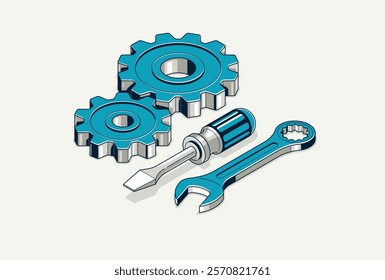 Repair and maintenance concept, technics service, gears and tools in 3D isometric projection vector illustration, technical mechanical workshop.