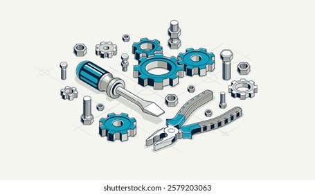 Repair and maintenance concept, technics service, gears and tools in 3D isometric projection vector illustration, technical mechanical workshop.