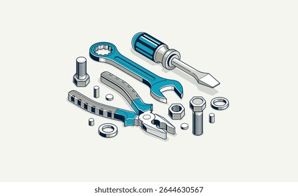 Repair and maintenance concept, technics service, gears and tools in 3D isometric projection vector illustration, technical mechanical workshop.