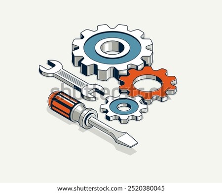 Repair and maintenance concept, technics service, gears and tools in 3D isometric projection vector illustration, technical mechanical workshop.