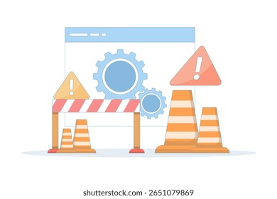 Repair and maintenance concept. website maintenance, warnings and alerts. Software updates, Windows symbols, gears, traffic cones, police lines. flat design illustrations.