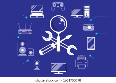Repair, maintenance of digital, video and computer equipment - a symbol, sign in the form crossed screwdriver, wrench and magnifier in black, white. Around are digital, computer equipment icons, signs