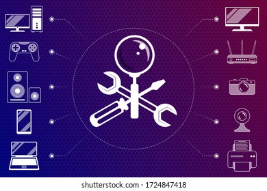 Repair, maintenance of digital, video and computer equipment - a symbol, sign in the form crossed screwdriver, wrench, magnifier in white on digital background. Around are digital, computer equipment