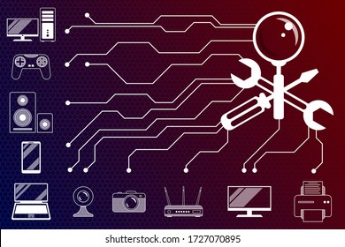 Reparatur, Wartung der digitalen, Video-und Computer-Ausrüstung - ein Symbol, Schild im Formular gekreuzt Schraubendreher, Schlüssel, Vergrößerung in weiß auf digitalem Hintergrund. Umgeben sind digitale Computergeräte