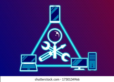 Repair, maintenance of digital, video and computer equipment - a symbol, sign in the form crossed screwdriver, wrench, magnifier in white on digital background. Around are digital, computer equipment