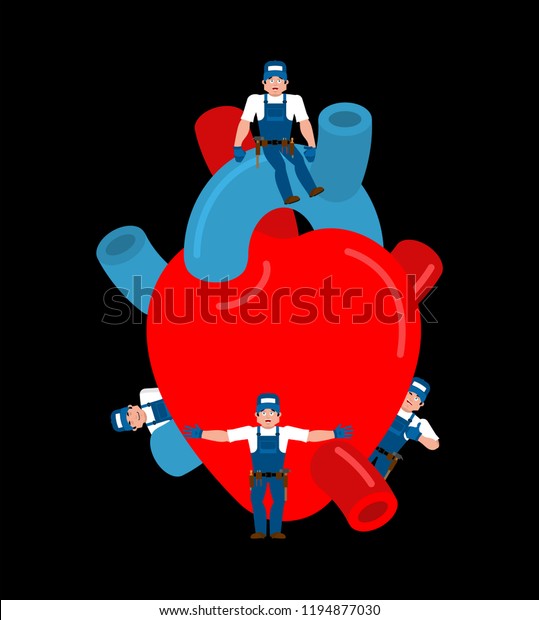Repair and\
maintenance of Heart. Medical service. repairs team is repairing\
Human organ. Vector\
illustration