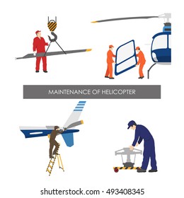 Repair and maintenance of helicopter . Set of helicopter parts in flat style on white background. Vector illustration