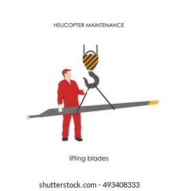 Repair and maintenance of helicopters. Lifting blades. Vector illustration