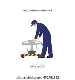 Repair and maintenance of helicopters. Repair of the main rotor. Vector illustration