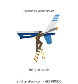 Repair and maintenance of helicopters. Repair of tail rotor. Vector illustration