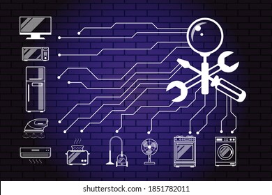 Repair, maintenance of household appliances - a symbol, sign in the form crossed screwdriver, wrench and magnifier with icons household appliances on background of bricks, brick illuminated wall