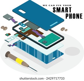 Repair, maintenance phone banner, flyers, advertisement. Disassembled components, processor of cellphone inside case. Mobile phone electronic diagramed layer. 