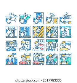 serviço de reparação e manutenção doodle ícones definir vetor. esboço linha arte chuveiro bandeja e pia reparação, cozinha bancada e unidade, lareira e madeira piso linha de rascunho.