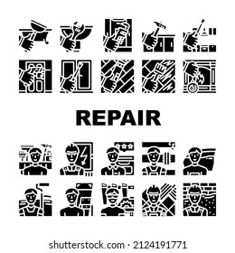 Repair And Maintenance Service Icons Set Vector. Shower Tray And Sink Repair, Kitchen Worktop And Unit, Fireplace And Wood Floor Scratch . Repairman Repairing Glyph Pictograms Black Illustrations