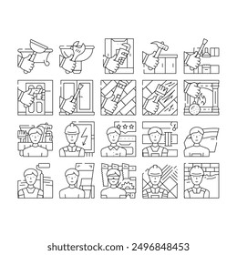 Los Iconos Del Servicio De Reparación Y Mantenimiento Establecen Vector. Reparación De Bandejas De Ducha Y Fregadero, Encimera Y Unidad De Cocina, Chimenea Y Línea De Arañazos De Piso De Madera. Reparador Reparación de contorno negro Ilustraciones