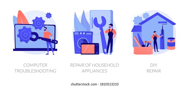 Repair and maintenance services abstract concept vector illustration set. Computer troubleshooting, DIY repair of household appliances, warranty, video tutorial, problem fix abstract metaphor.