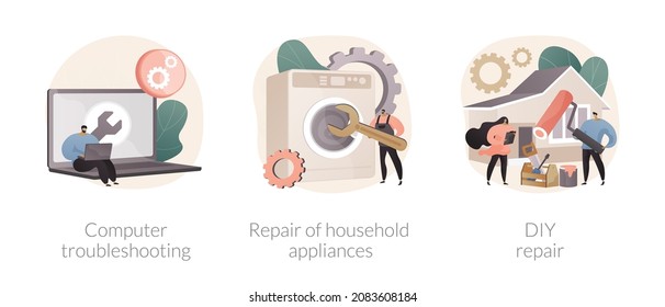 Repair and maintenance services abstract concept vector illustration set. Computer troubleshooting, DIY repair of household appliances, warranty, video tutorial, problem fix abstract metaphor.