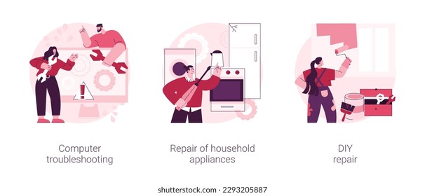 Repair and maintenance services abstract concept vector illustration set. Computer troubleshooting, DIY repair of household appliances, warranty, video tutorial, problem fix abstract metaphor.