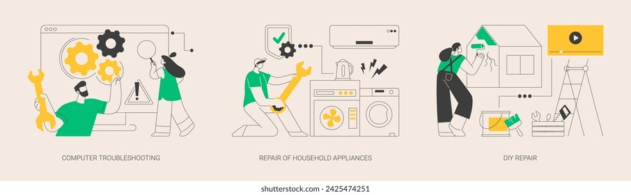 Repair and maintenance services abstract concept vector illustration set. Computer troubleshooting, DIY repair of household appliances, warranty, video tutorial, problem fix abstract metaphor.