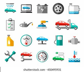 Repair and maintenance of vehicles, colored icons. Vector icons of auto repair shop services. Colored, flat pictures on a white background. 