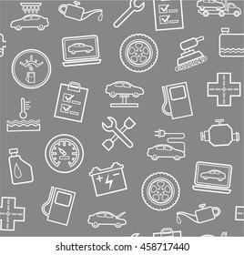 Repair and maintenance of vehicles, seamless grey background. Vector background with drawings of services an auto repair shop. White, linear image on a gray background. 