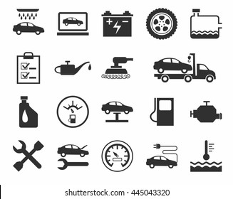 Repair and maintenance of vehicles, single-color icons. Vector flat icons. A dark gray image on a white background.  