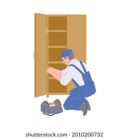 Repair, maker or constructions of wood home furniture. Young man carpenter is assembling of wardrobe or cabinet with shelves. Flat cartoon isolated vector illustration.
