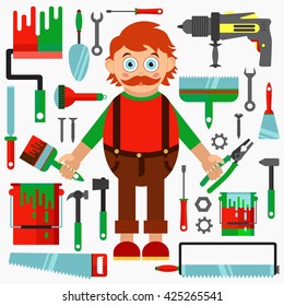 Repair man with construction tools. House repair vector set.