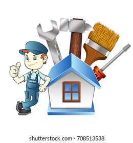 Repair man at home with tool illustration