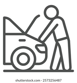 Repair man inspecting car engine line icon, car service concept. Vector graphics. Motor engine repairing sign on white background, outline style icon for mobile or web design