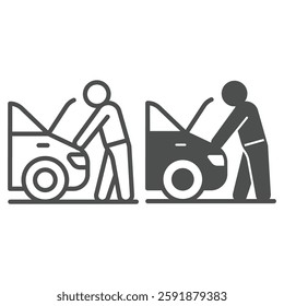 Repair man inspecting car engine line and solid icon, car service concept. Vector graphics. Motor engine repairing sign on white background, outline style icon for mobile or web design