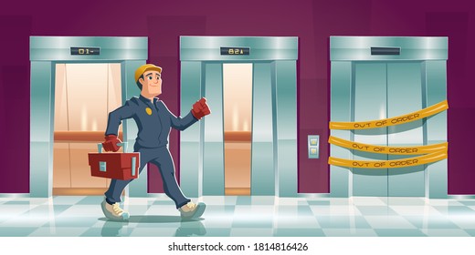 Repair man and out of order elevator with yellow stripes in house or office hallway. Vector cartoon corridor with open lift doors and mechanic with tool box. Maintenance service of broken elevator