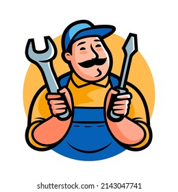 Repair man worker with tools logo. Mechanic workshop emblem. Vector illustration