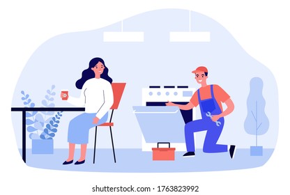 Repair Man Working On Broken Oven. Woman Drinking Tea In Kitchen Flat Vector Illustration. Home Appliance, Service Call, Housekeeping Concept For Banner, Website Design Or Landing Web Page