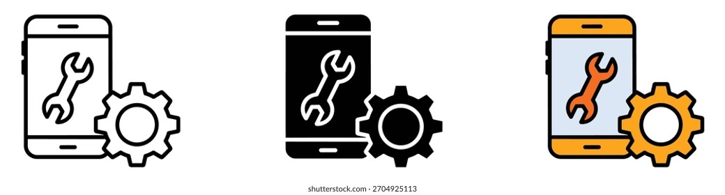 Vector de reparación de íconos móviles. Asistencia técnica y soluciones de mantenimiento. Ilustración vectorial.