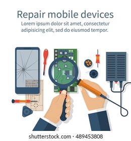 Repair mobile phone. Vector illustration, flat design. Technician men working with electronics. Desk with tools for service. Broken smartphone.