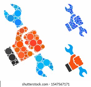 Repair mosaic of circle elements in various sizes and color hues, based on repair icon. Vector round elements are composed into blue mosaic. Dotted repair icon in usual and blue versions.